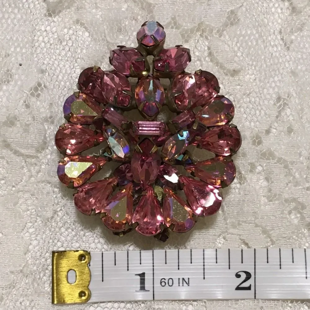 Vintage Pink Rhinestone Brooch Aurora Borealis Stones